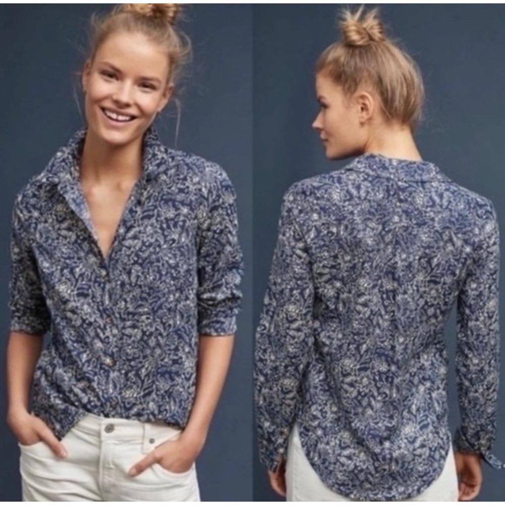 Maeve by Anthropologie Shirt Womens 8 Blue Floral Print Long Sleeve Button Up